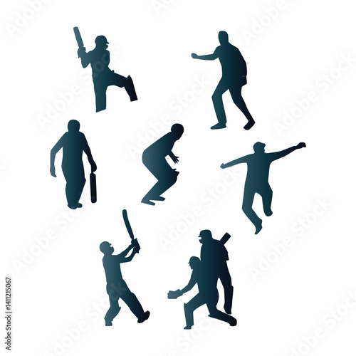 Dynamic silhouettes of cricket players in various action poses.