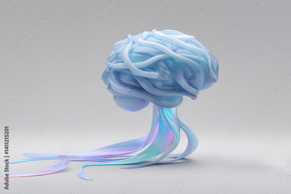 Abstract photo of a human brain made of light and vines, in a white gallery, with emotions as fluid color trails, symbolizing inner perception and memory.