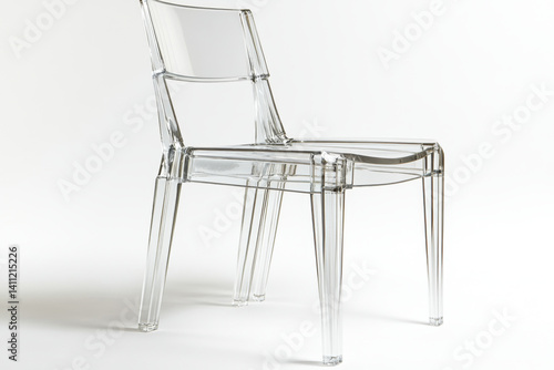 Clear chair with clear seat, situated in a modern and minimalist room with natural lighting and green plants in the background.