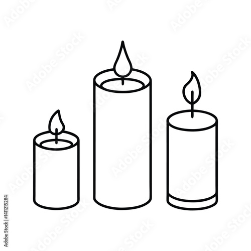 A set of three burning yellow wax candles with glowing flames provides candlelight for a dark holiday celebration