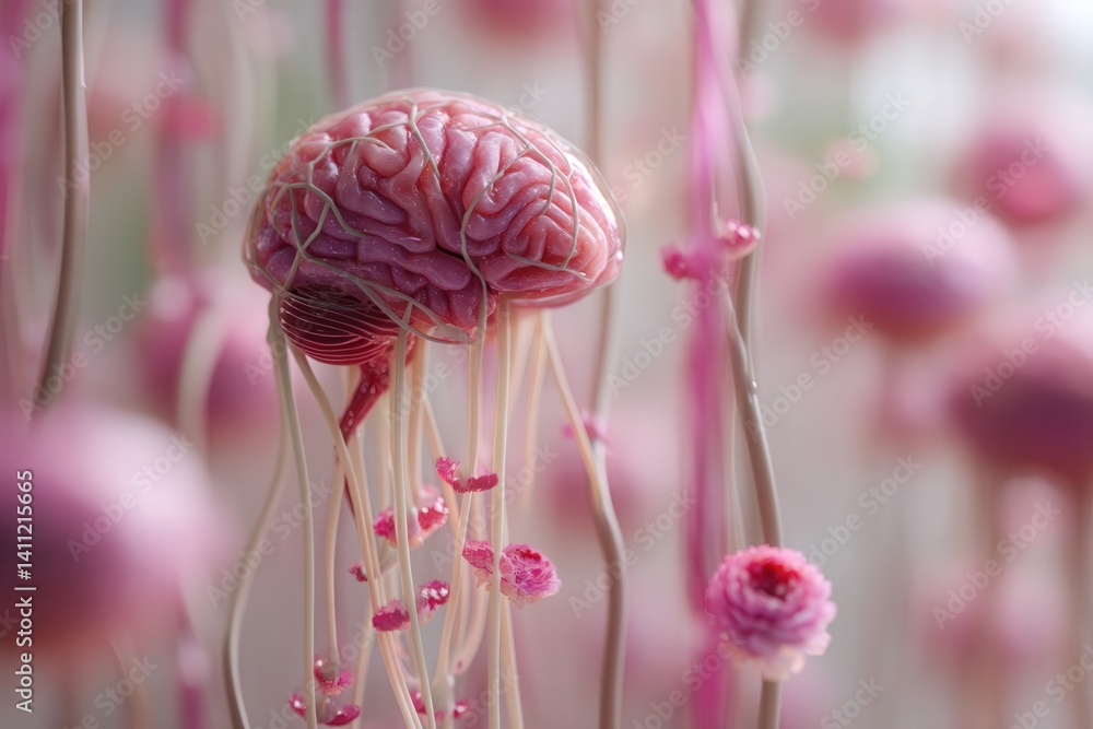 Abstract photo of a human brain made of light and vines, in a white gallery, with emotions as fluid color trails, symbolizing inner perception and memory.