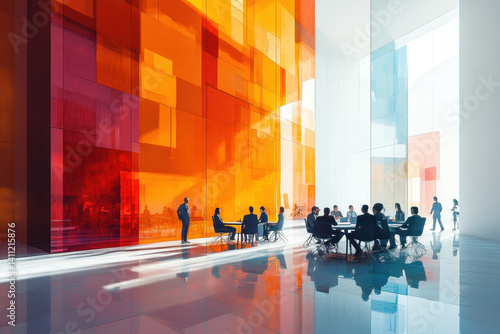 People at tables in room with colorful walls.
