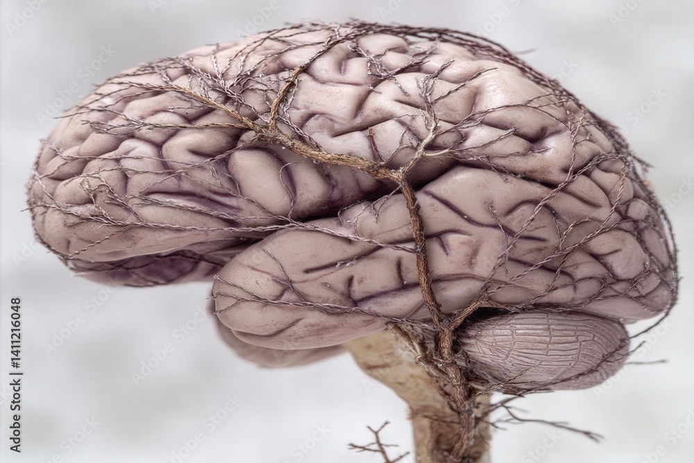 Abstract photo of a human brain made of light and vines, in a white gallery, with emotions as fluid color trails, symbolizing inner perception and memory.