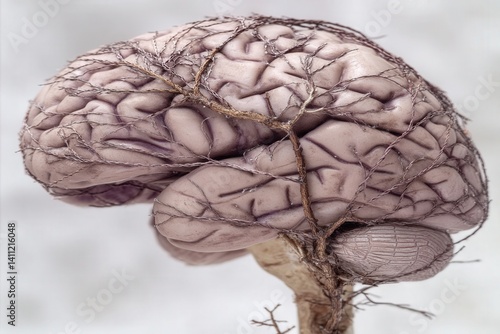 Abstract photo of a human brain made of light and vines, in a white gallery, with emotions as fluid color trails, symbolizing inner perception and memory.