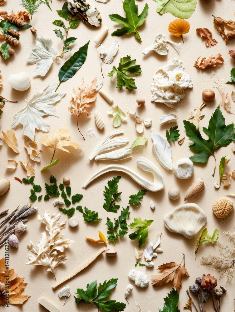 Natural elements arrangement studio artistic composition neutral background overhead view organic aesthetics Natural elements arrangement studio artistic composition neutral background overhead view organic aesthetics