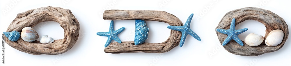 Fototapeta premium Driftwood Frames with Seashells and Starfish