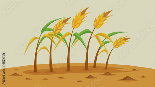 Stalks of rice once heavy with plump grains now lay wilted and shriveled on the parched ground.. Vector illustration