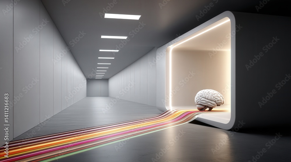 Abstract photo of a human brain made of light and vines, in a white gallery, with emotions as fluid color trails, symbolizing inner perception and memory.