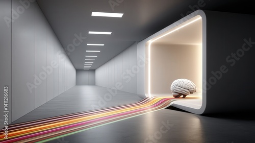 Obraz na płótnie Abstract photo of a human brain made of light and vines, in a white gallery, with emotions as fluid color trails, symbolizing inner perception and memory. w salonie