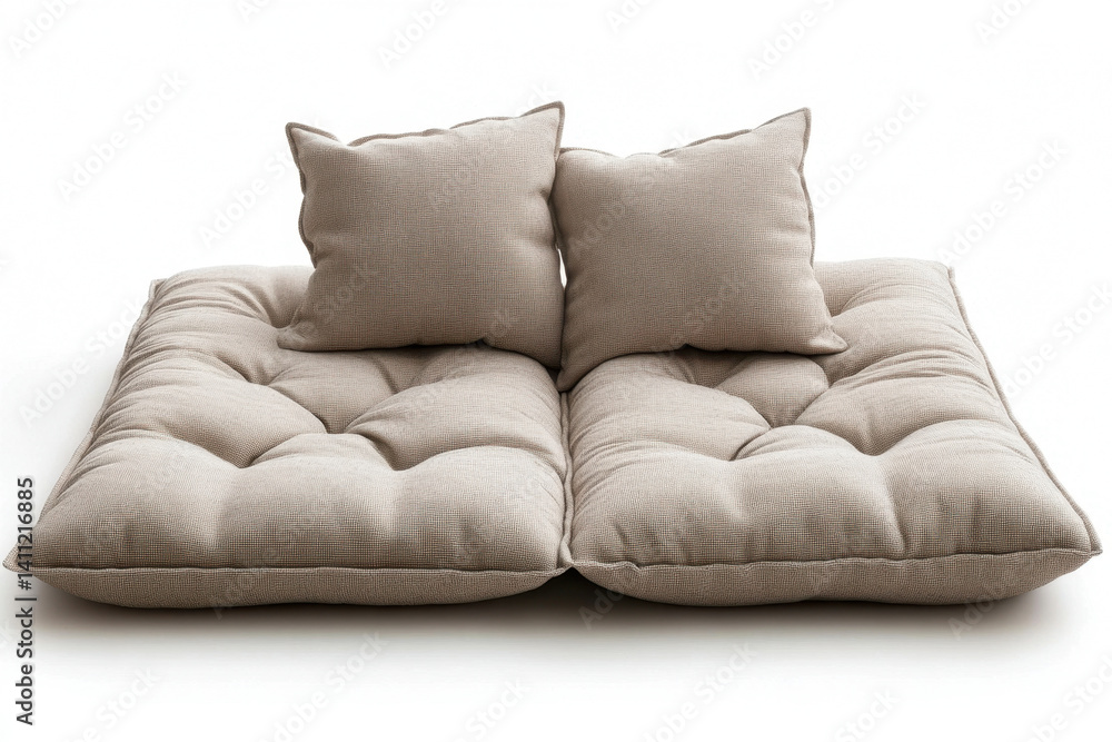 Obraz premium Pair of pillows: pink velvet, blue striped, on white background.