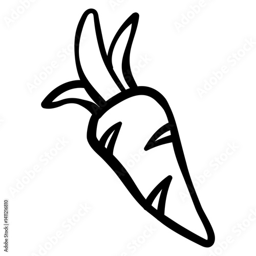 Handdrawn doodle of a fresh harvested carrot with leafy top great for garden use