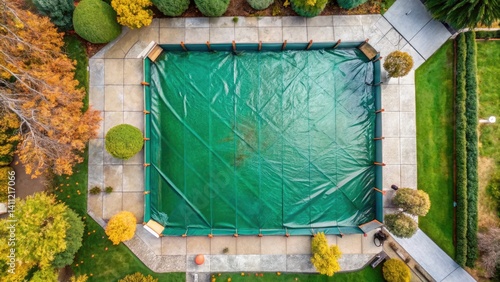 Winter Pool Cover Drone View: HOA Swimming Pool Protection, Leaf Debris Prevention, Storm Shield