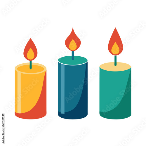 Burning candles with a warm yellow glow illuminate the dark night, creating a romantic candlelight decoration for a Christmas holiday celebration