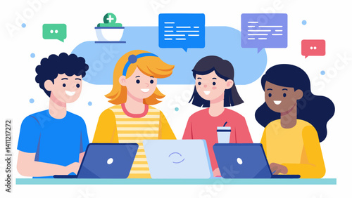 A group of teens work together on a Google Doc writing out code and making edits in real time.. Vector illustration