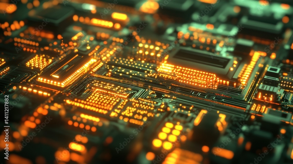 Glowing circuitry and components create a futuristic digital technology view Glowing circuitry and components create a futuristic digital technology view
