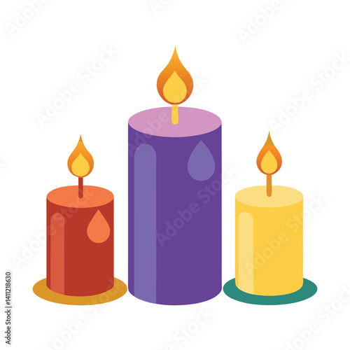 Glowing candles burn in the dark night, their yellow flame a peaceful light for a romantic Christmas celebration