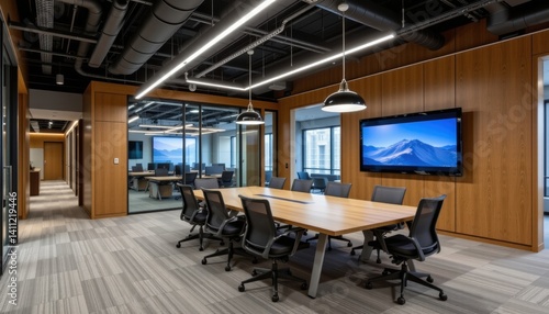 High tech amenities such as smart lighting systems, touchscreen controls, and integrated audiovisual equipment seamlessly blend into the office design