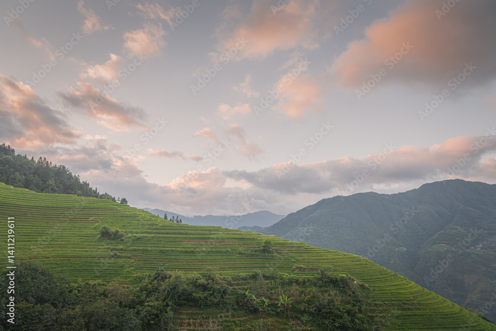 Fototapeta premium Beautiful morning view over tian tou zhai village in longji rice terrace, Guangxi province of China