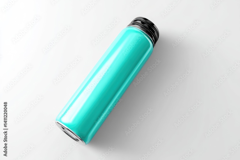 Teal cylindrical insulated water bottle with black cap. Teal cylindrical insulated water bottle with black cap.