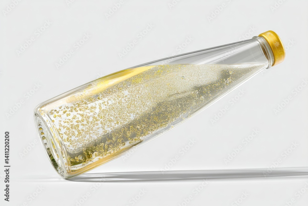 Fototapeta premium Gold-infused beverage bottle angled on a white surface.