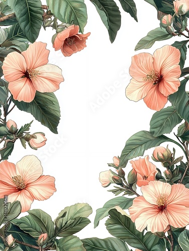 Floral arrangement of peach hibiscus blossoms and verdant foliage frame design