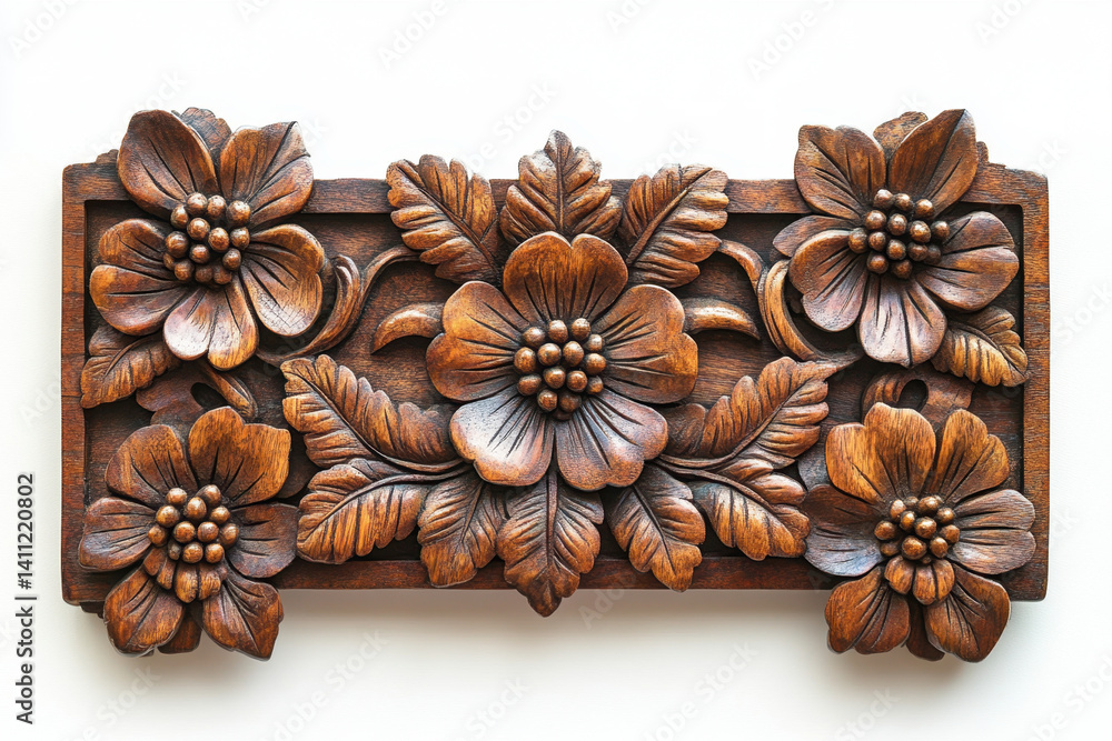 Fototapeta premium Wooden wall hanging adorned with vibrant artificial flowers and green leaves; creates a charming and nature-inspired decor piece.