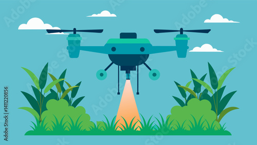 Precision drone spraying allows for more targeted and controlled application of fertilizers reducing the risk of overuse and potential harm to the environment.. Vector illustration