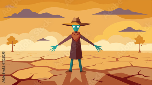 Standing in the midst of the dry cracked earth the scarecrow seemed to illustrate the end of an era in traditional farming techniques.. Vector illustration