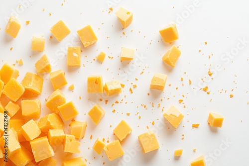 Scattered cheddar cubes on a plain surface creating a simple food display