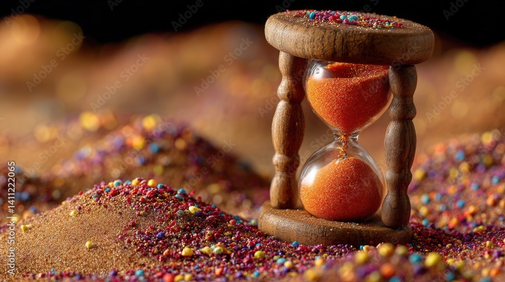 An ancient hourglass floats in the cosmos, its sand made of shattered light, symbolizing time's fluidity in the digital age, set against a surreal backdrop.