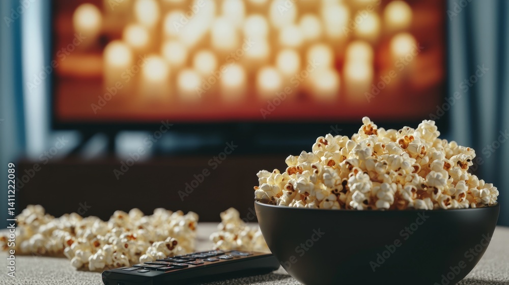 Cozy Home Entertainment Setup with Popcorn and Remote Control for Movie Night Enjoyment Cozy Home Entertainment Setup with Popcorn and Remote Control for Movie Night Enjoyment