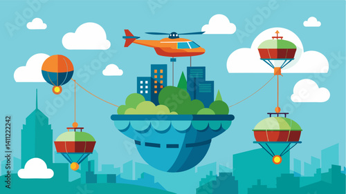 The eVTOLs were equipped with tingedge navigation systems ensuring a safe and efficient journey for all aboard as they traversed the busy skies above the archipelago city.. Vector illustration