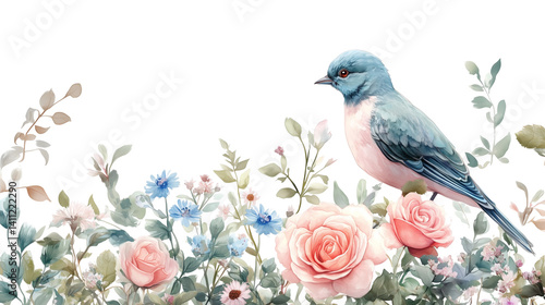 A watercolor-style floral arrangement with pink roses, assorted wildflowers, lush green leaves, and a blue bird perched on the edge, natural light isolated on a transparent background