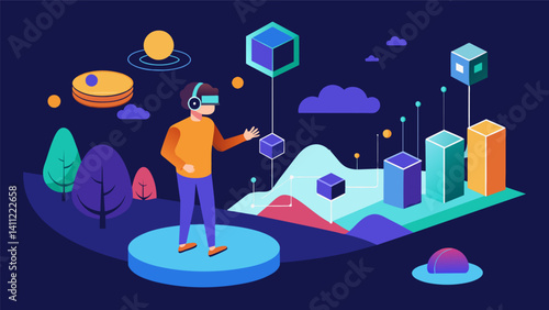 A VR landscape where users can physically walk through and interact with data sets transforming abstract numbers into tangible threedimensional objects.. Vector illustration