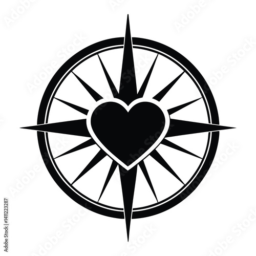 A compass pointing to a heart on white background