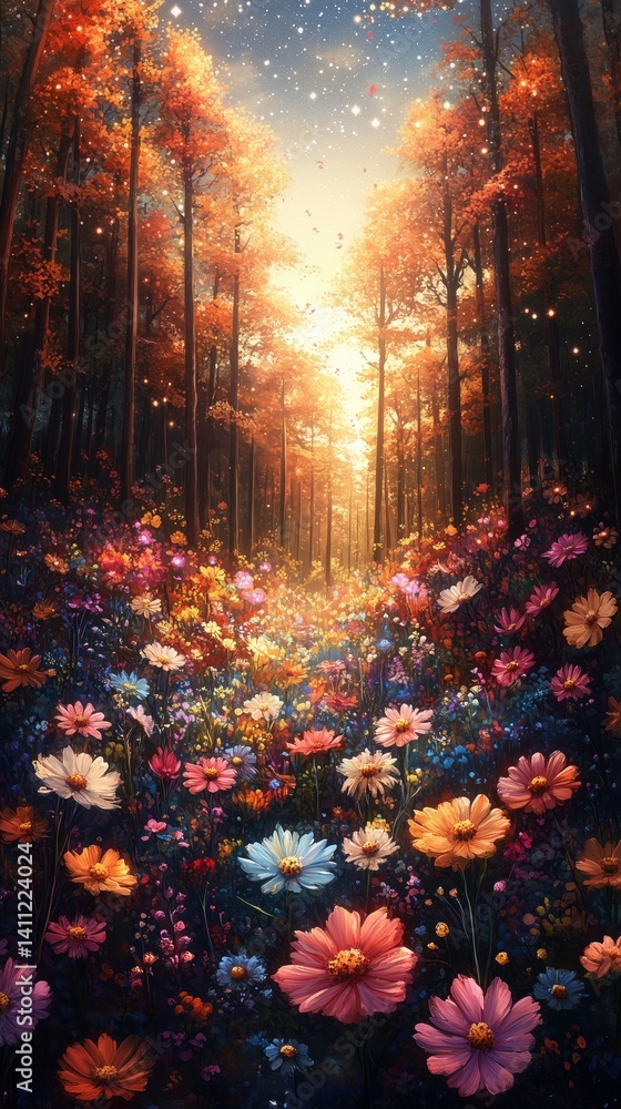 Fototapeta premium A magical forest at twilight with glowing autumn trees and a vibrant field of flowers beneath a starry sky, creating a dreamlike, fantasy-inspired landscape scene.