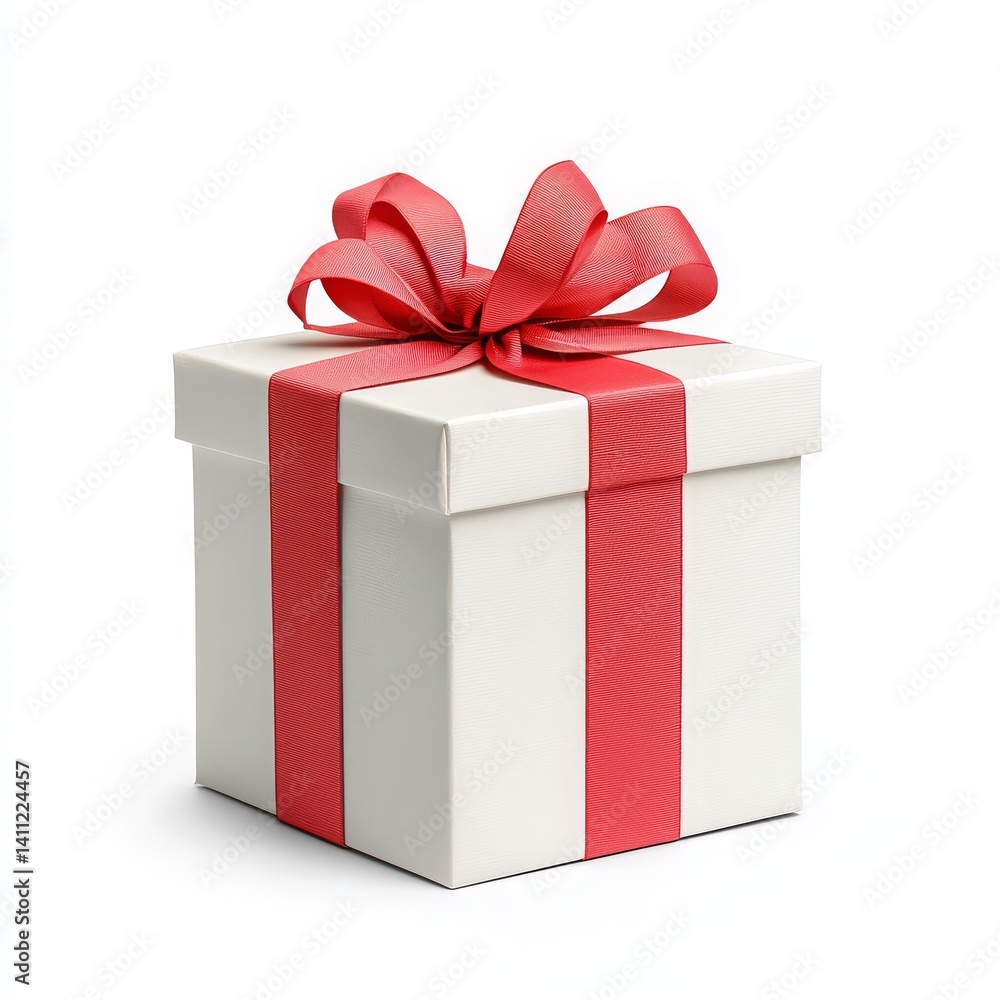 Fototapeta premium Elegant White Gift Box with Red Ribbon and Bow, Perfect for Celebrations and Special Occasions