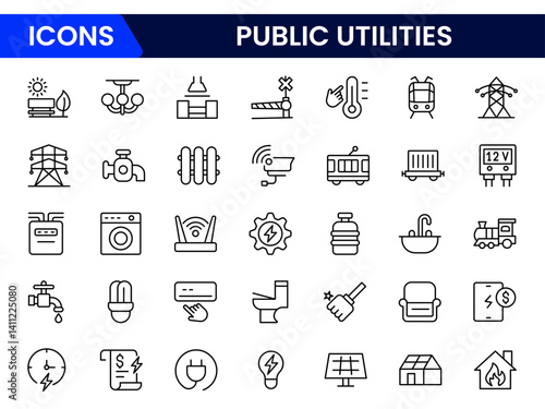 Public utilities icon collection set. power, gas, and water. Signed thin line icons collection.