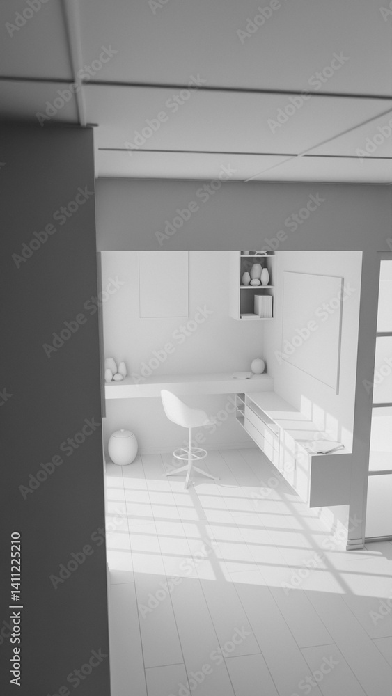 A Japanese style room with a desk and chair, a window, and a shelf. The room is well lit and has a minimalist design premium photo 3d render A Japanese style room with a desk and chair, a window, and a shelf. The room is well lit and has a minimalist design premium photo 3d render