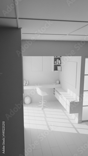 Wallpaper Mural A Japanese style room with a desk and chair, a window, and a shelf. The room is well lit and has a minimalist design premium photo 3d render Torontodigital.ca