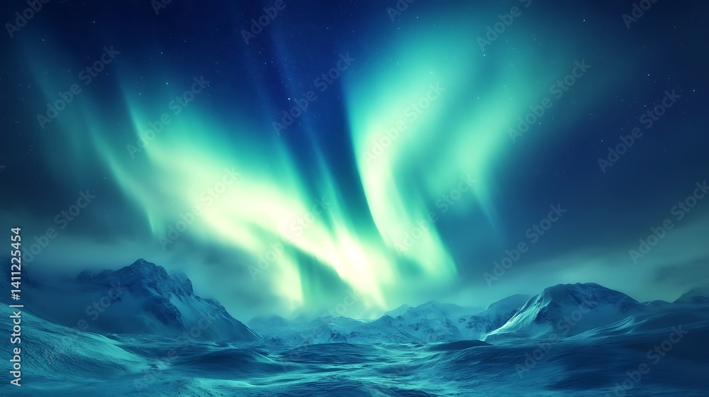 Fototapeta premium Vivid aurora borealis illuminates a frosted arctic landscape.