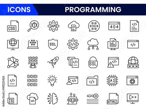 Programming and coding icon set. Software development icon collection. Contains such Icons as code, api, programmer, developer, information technology, coder, and more