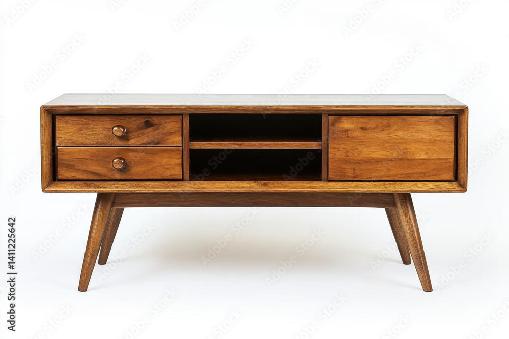 Wooden TV stand: drawers, center shelf, small potted plant, framed photo on top. Modern living room setting with grey sofa and patterned rug. Wooden TV stand: drawers, center shelf, small potted plant, framed photo on top. Modern living room setting with grey sofa and patterned rug.