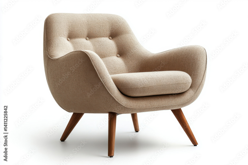 Naklejka premium Beige chair with wooden legs and light-colored upholstery in a modern setting with a minimalist aesthetic.