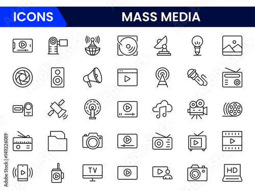 Mass media and journalism. TV show, program, news, report, video, and interview. Outline icon collection.