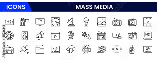 Mass media and journalism. TV show, program, news, report, video, and interview. Outline icon collection.