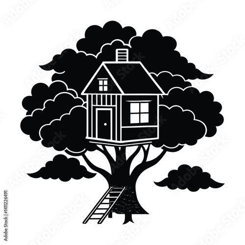 A treehouse blending into clouds on white background.