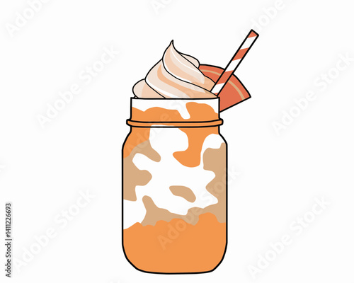 Vector illustration of a creamy orange beverage served in a mason jar, topped with whipped cream and garnished with a citrus slice and orange striped straw.