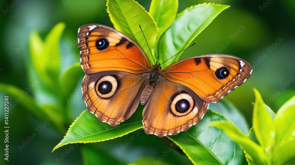 A colorful butterfly resting on bright green leaves outdoors today A colorful butterfly resting on bright green leaves outdoors today