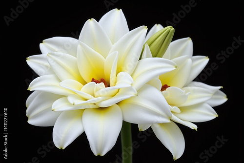 close up of a white flower on a black background